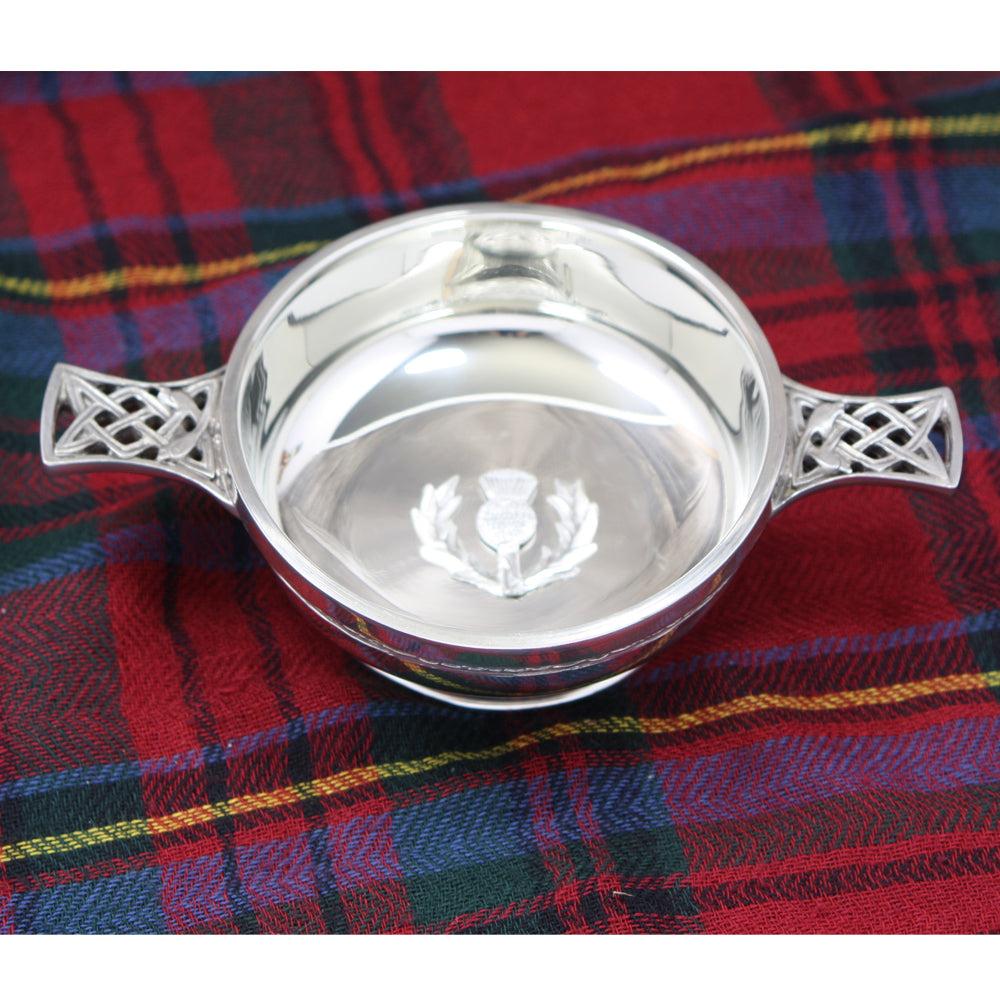 English Factory 4 Inch Celtic Knot Handle Pewter Quaich Bowl With Scottish Thistle Badge