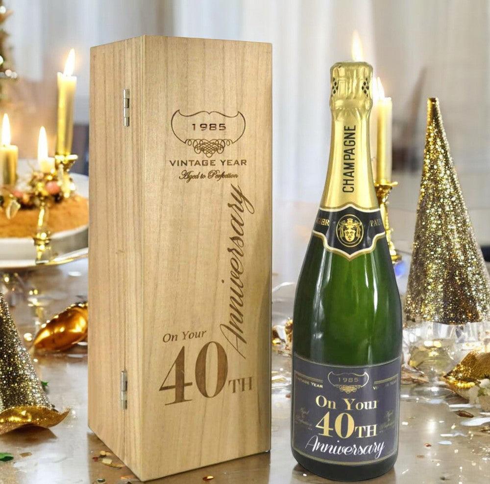 English Factory 40th Anniversary Personalised 75cl Bottle Of Champagne Presented In An Engraved Wooden Box 1985