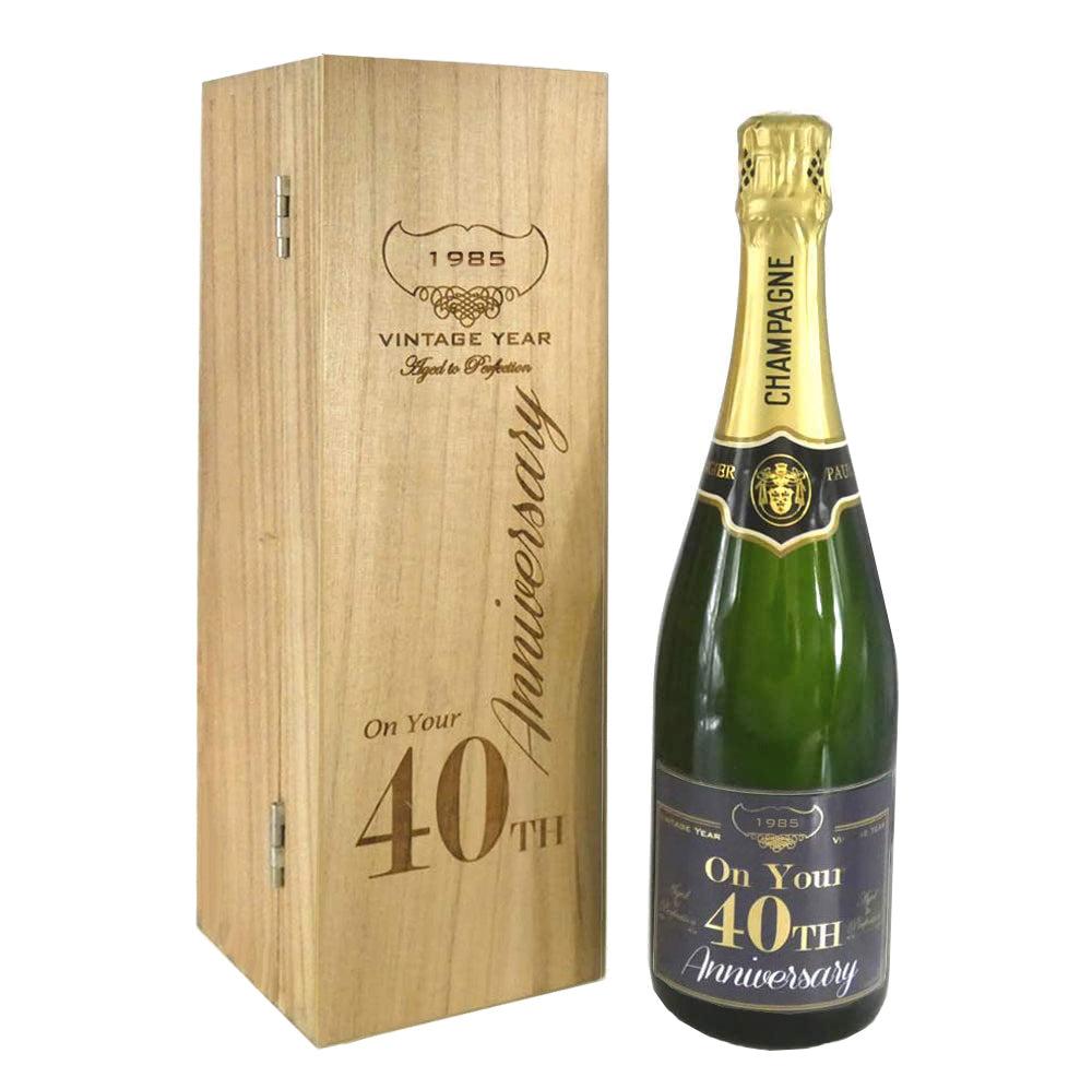 English Factory 40th Anniversary Personalised 75cl Bottle Of Champagne Presented In An Engraved Wooden Box 1985
