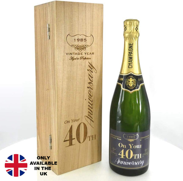 english factory 40th Anniversary Personalised 75cl Bottle of Champagne Presented in an engraved Wooden Box 1985
