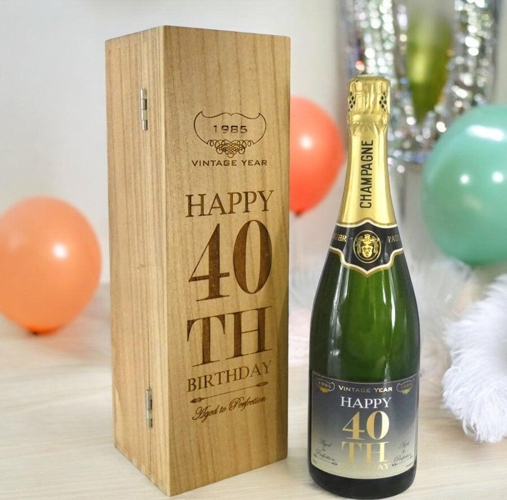 English Factory 40th Birthday Gift For Him Or Her Personalised 75cl Bottle Of Champagne Presented In An Engraved Wooden Box 1985