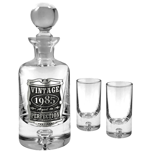 english factory 40th Birthday or Anniversary Gift 1985 Vintage Years Pewter & Crystal Mini Decanter Set With Shot Glasses