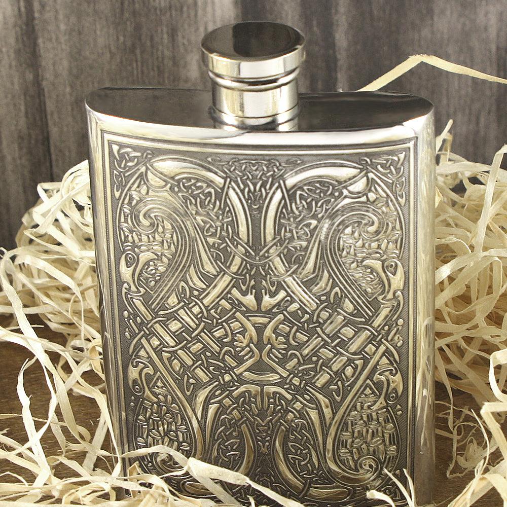 English Factory 4oz Pewter Hip Flask With Celtic Knot Design
