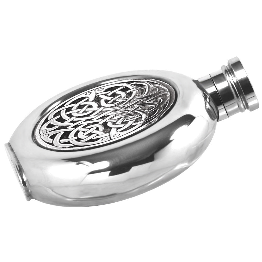 English Factory 4oz Round Pewter Hip Flask With Celtic Knot Badge
