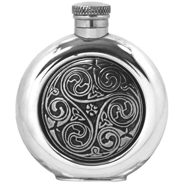 english factory 4oz Round Pewter Hip Flask with Celtic Knot Badge
