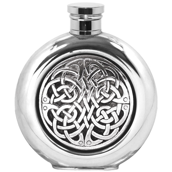 english factory 4oz Round Pewter Hip Flask with Celtic Knot Badge