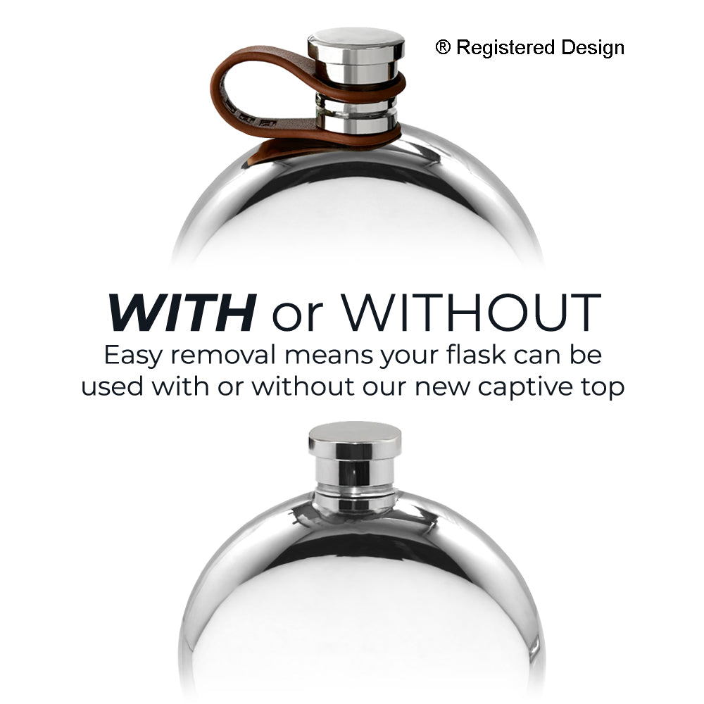 English Factory 4oz Round Pewter Hip Flask With Leather Captive Top