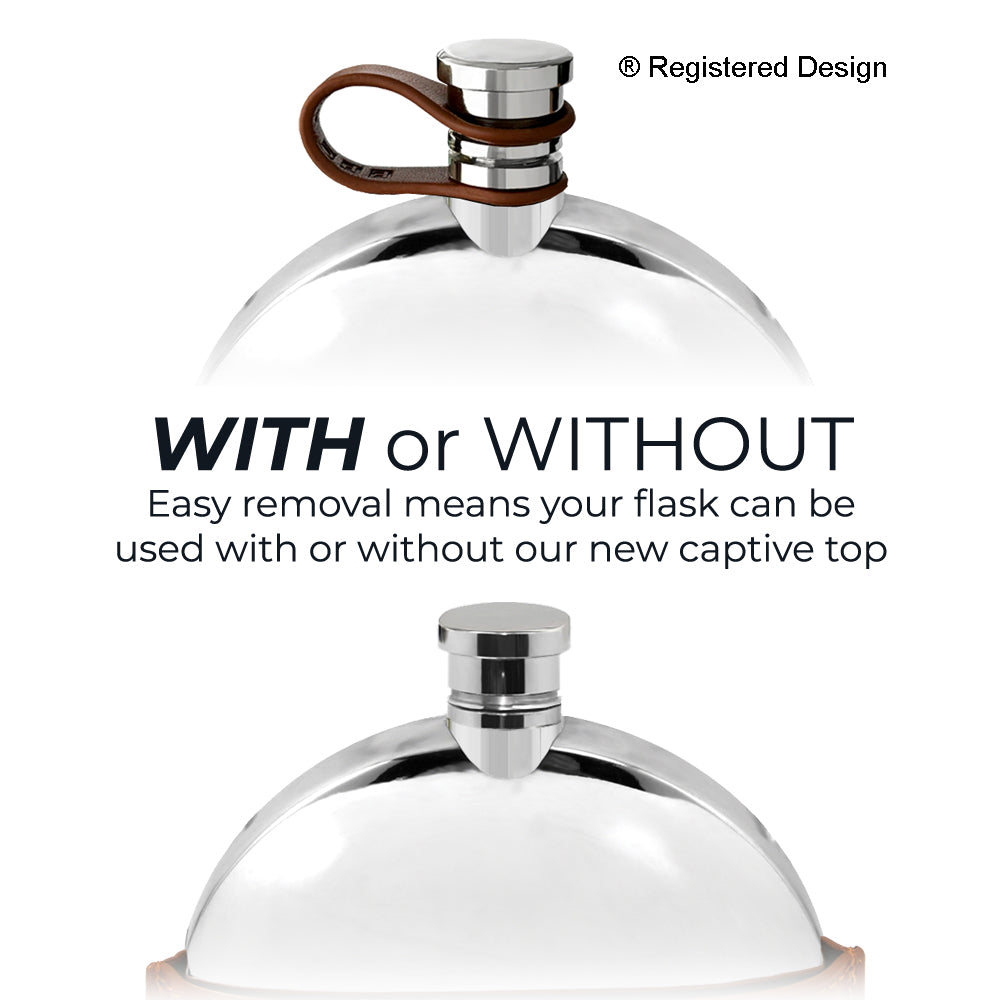 English Factory 5.5oz Round Ellipse Pewter Hip Flask With Leather Pouch And Leather Captive Top