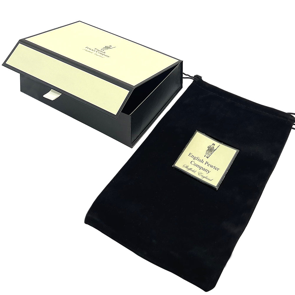 English Factory 5.5oz Round Ellipse Pewter Hip Flask With Leather Pouch And Leather Captive Top