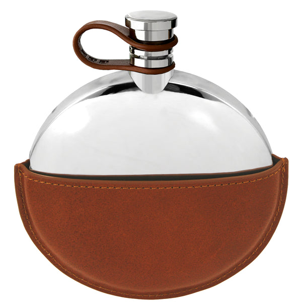 english factory 5.5oz Round Ellipse Pewter Hip Flask With Leather Pouch and Leather Captive Top