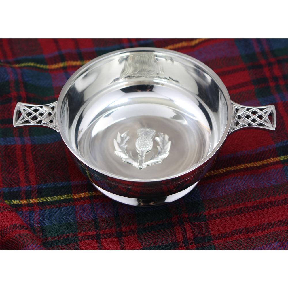 English Factory 5 Inch Celtic Knot Handle Pewter Quaich Bowl With Scottish Thistle Badge