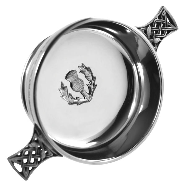 english factory 5 Inch Celtic Knot Handle Pewter Quaich Bowl with Scottish Thistle Badge