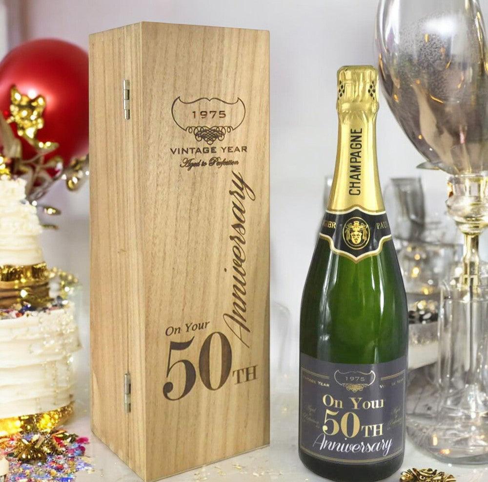 English Factory 50th Anniversary Personalised 75cl Bottle Of Champagne Presented In An Engraved Wooden Box 1975