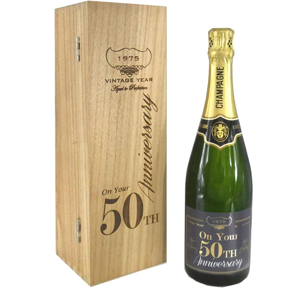 English Factory 50th Anniversary Personalised 75cl Bottle Of Champagne Presented In An Engraved Wooden Box 1975