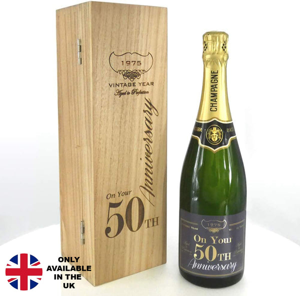english factory 50th Anniversary Personalised 75cl Bottle of Champagne Presented in an engraved Wooden Box 1975