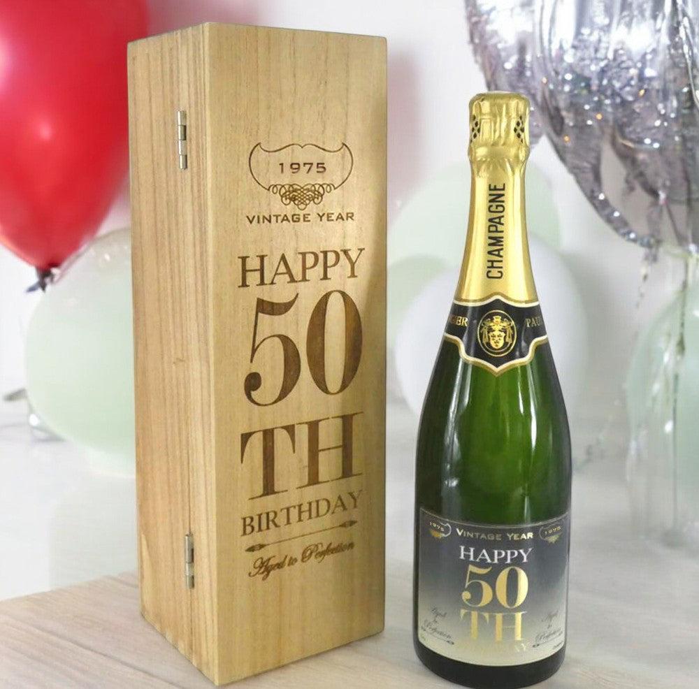 English Factory 50th Birthday Gift For Him Or Her Personalised 75cl Bottle Of Champagne Presented In An Engraved Wooden Box 1975