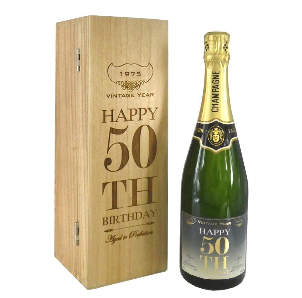 English Factory 50th Birthday Gift For Him Or Her Personalised 75cl Bottle Of Champagne Presented In An Engraved Wooden Box 1975