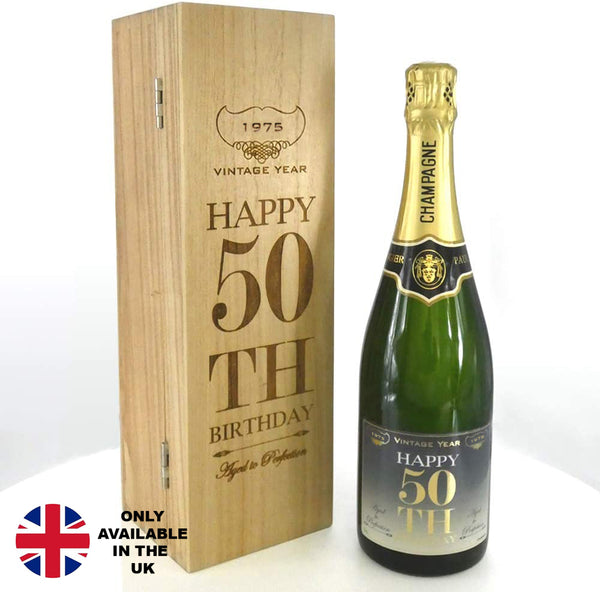 english factory 50th Birthday Gift For Him or Her Personalised 75cl Bottle of Champagne Presented in an Engraved Wooden Box 1975
