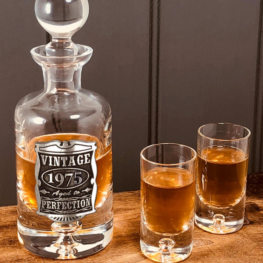 English Factory 50th Birthday Or Anniversary Gift 1975 Vintage Years Pewter & Crystal Mini Decanter Set With Shot Glasses