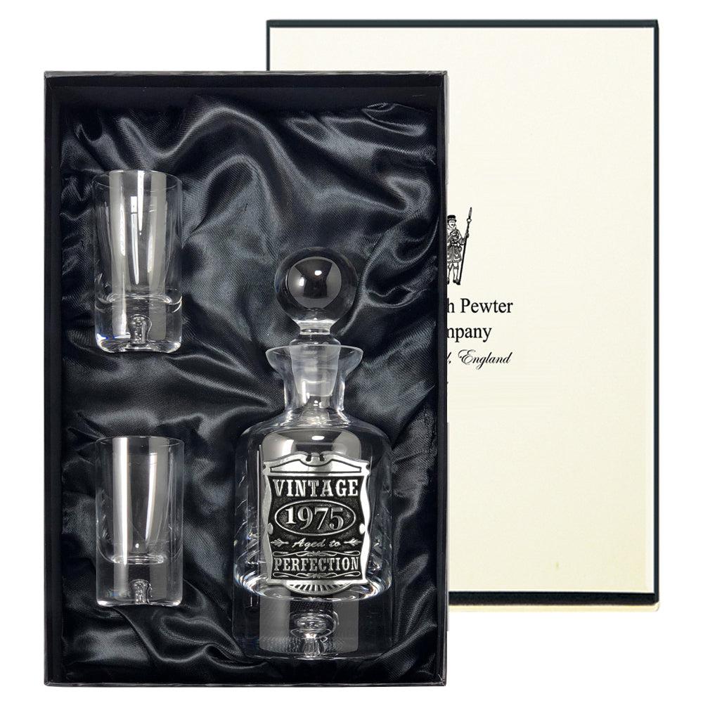 English Factory 50th Birthday Or Anniversary Gift 1975 Vintage Years Pewter & Crystal Mini Decanter Set With Shot Glasses