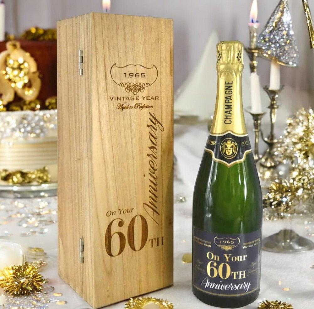 English Factory 60th Anniversary Personalised 75cl Bottle Of Champagne Presented In An Engraved Wooden Box 1965