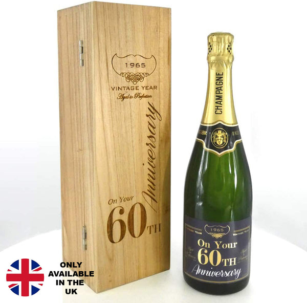 english factory 60th Anniversary Personalised 75cl Bottle of Champagne Presented in an engraved Wooden Box 1965