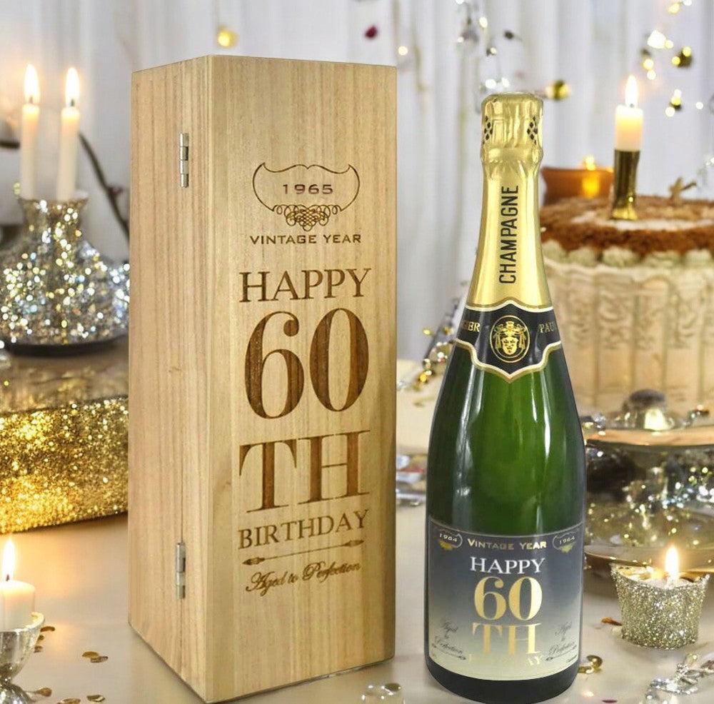 English Factory 60th Birthday Gift For Him Or Her Personalised 75cl Bottle Of Champagne Presented In An Engraved Wooden Box 1965