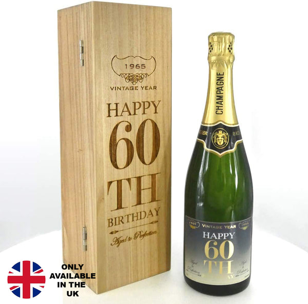 english factory 60th Birthday Gift For Him or Her Personalised 75cl Bottle of Champagne Presented in an Engraved Wooden Box 1965