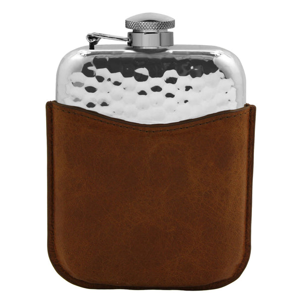 english factory 6oz Hammered Design Captive Top Pewter Hip Flask with Tan Leather Pouch