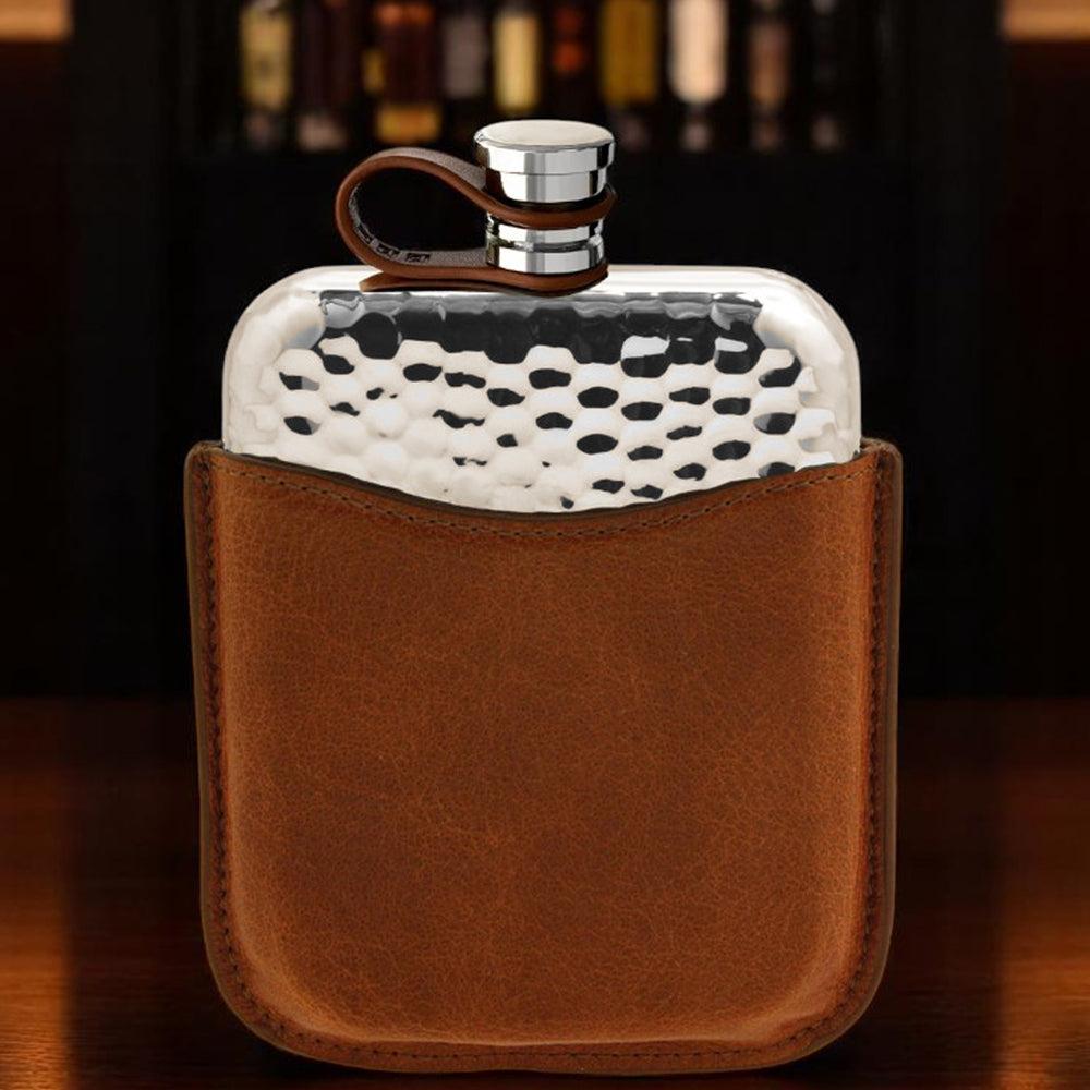 English Factory 6oz Hammered Pewter Hip Flask With Genuine Tan Leather Pouch And Leather Captive Top