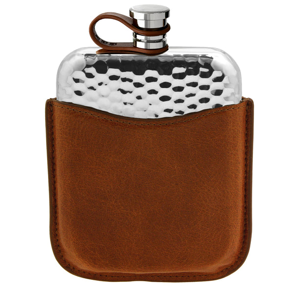 english factory 6oz Hammered Pewter Hip Flask with Genuine Tan Leather Pouch and Leather Captive Top
