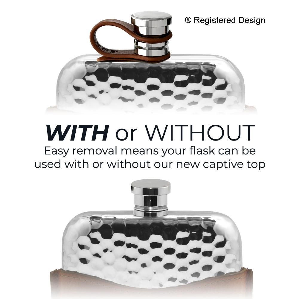 English Factory 6oz Hammered Pewter Hip Flask With Genuine Tan Leather Pouch And Leather Captive Top