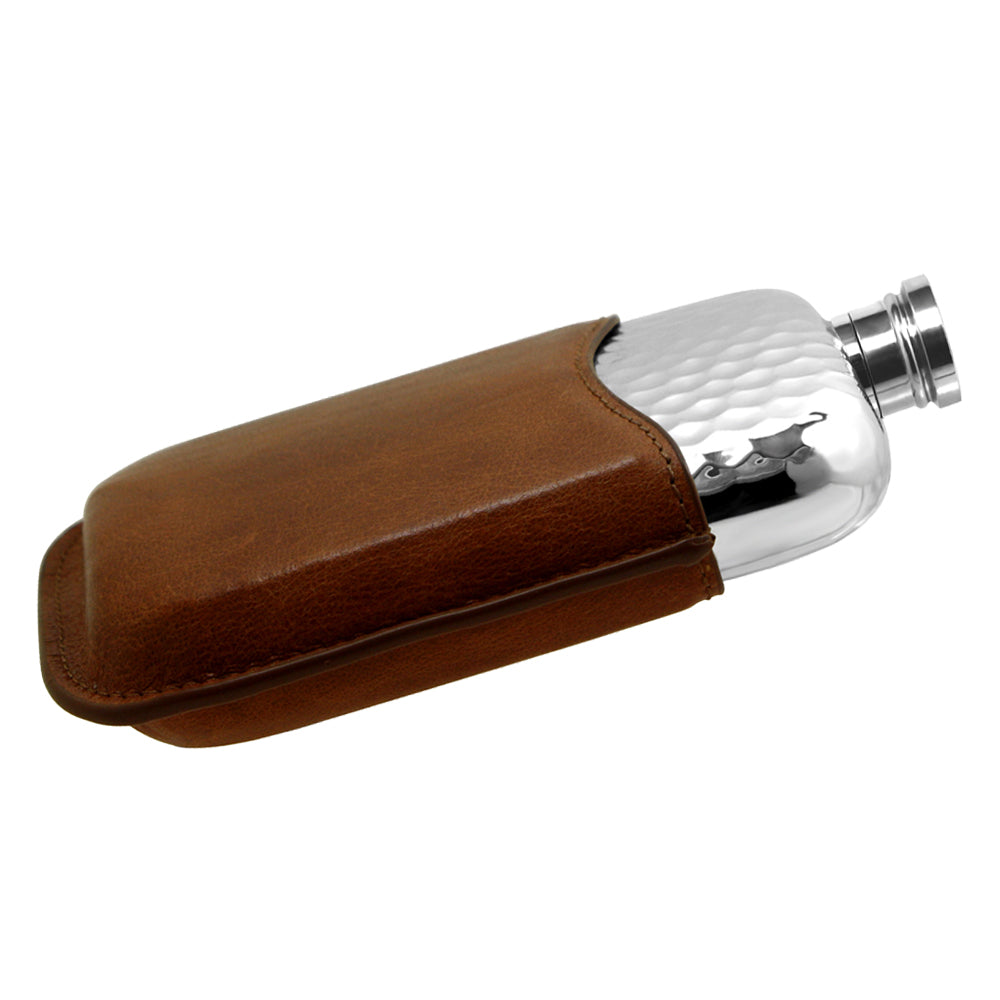English Factory 6oz Hammered Pewter Hip Flask With Genuine Tan Leather Pouch