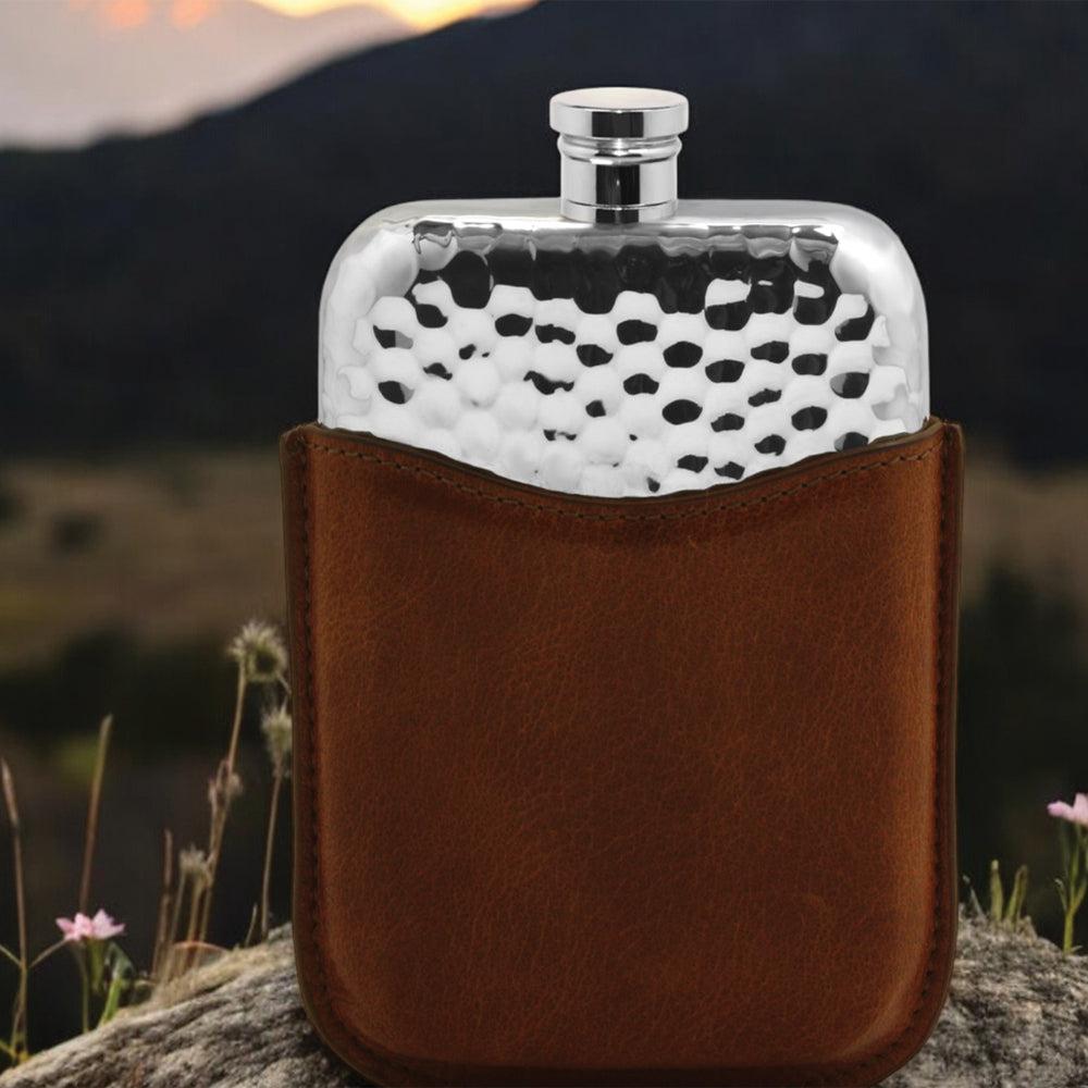 English Factory 6oz Hammered Pewter Hip Flask With Genuine Tan Leather Pouch