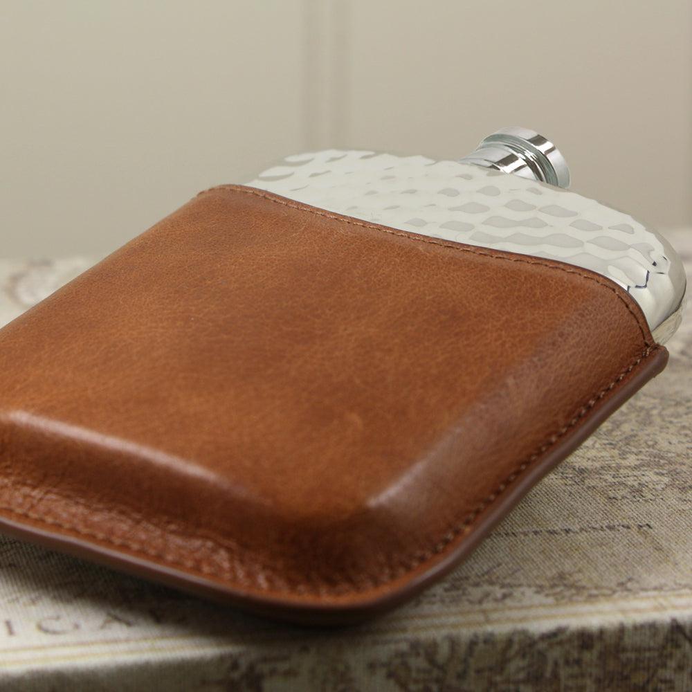 English Factory 6oz Hammered Pewter Hip Flask With Genuine Tan Leather Pouch
