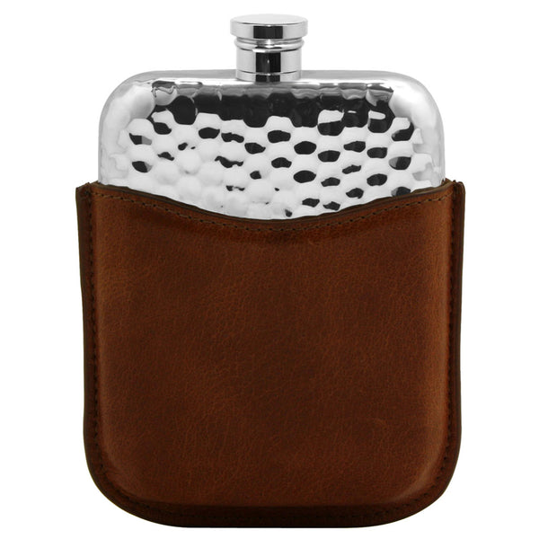 english factory 6oz Hammered Pewter Hip Flask with Genuine Tan Leather Pouch