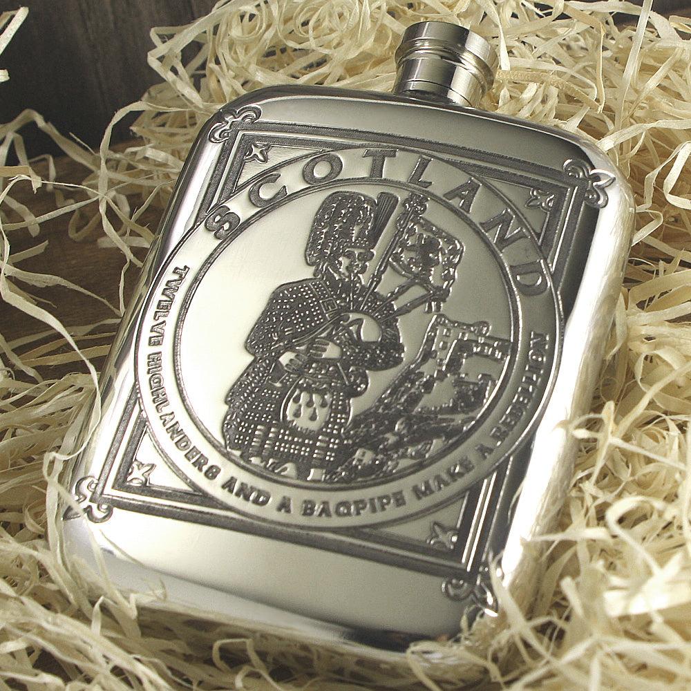 English Factory 6oz Highland Piper Pewter Hip Flask