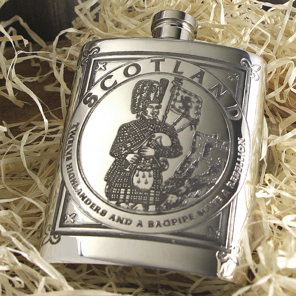 English Factory 6oz Highland Piper Pewter Hip Flask