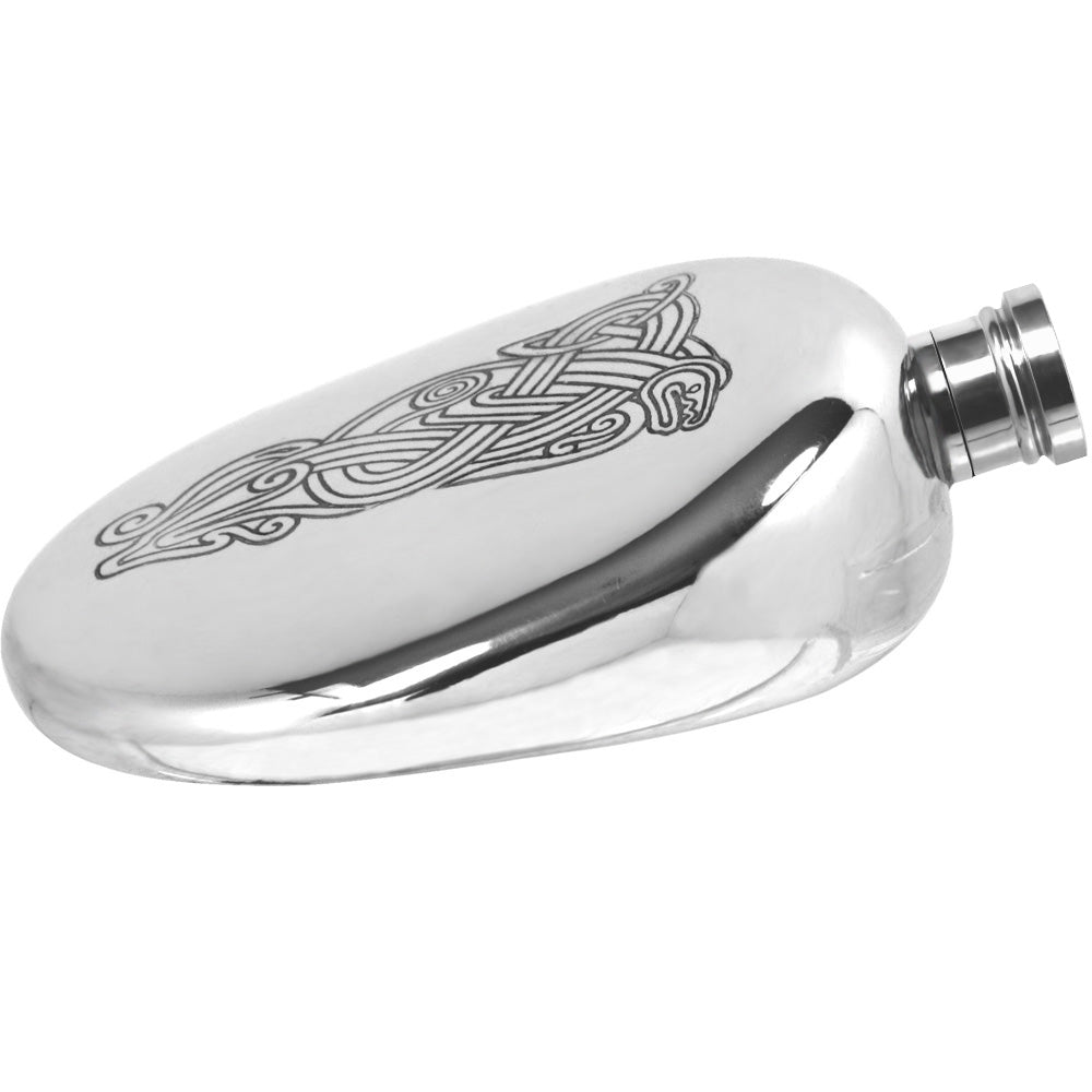 English Factory 6oz Oval Sporran Pewter Hip Flask With Intricate Celtic Serpent Design