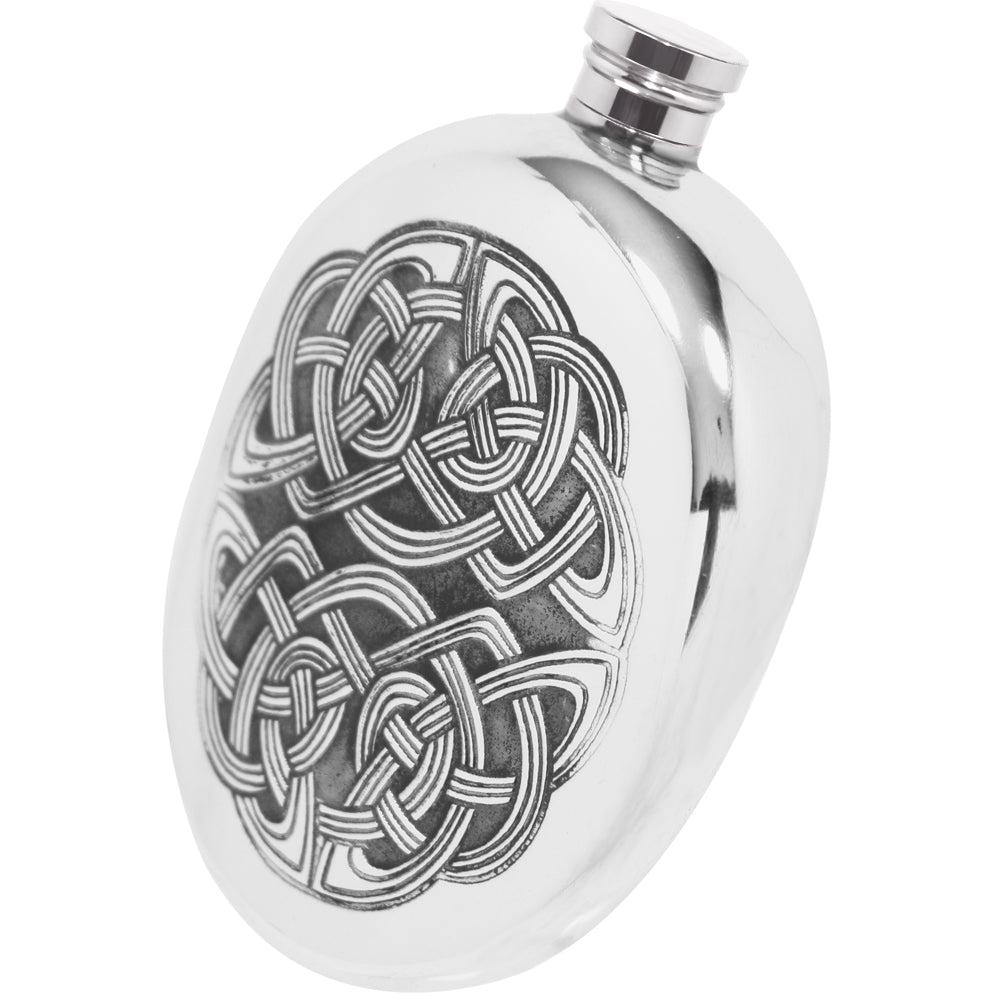 English Factory 6oz Oval Sporran Pewter Hip Flask With Intricate Celtic Design
