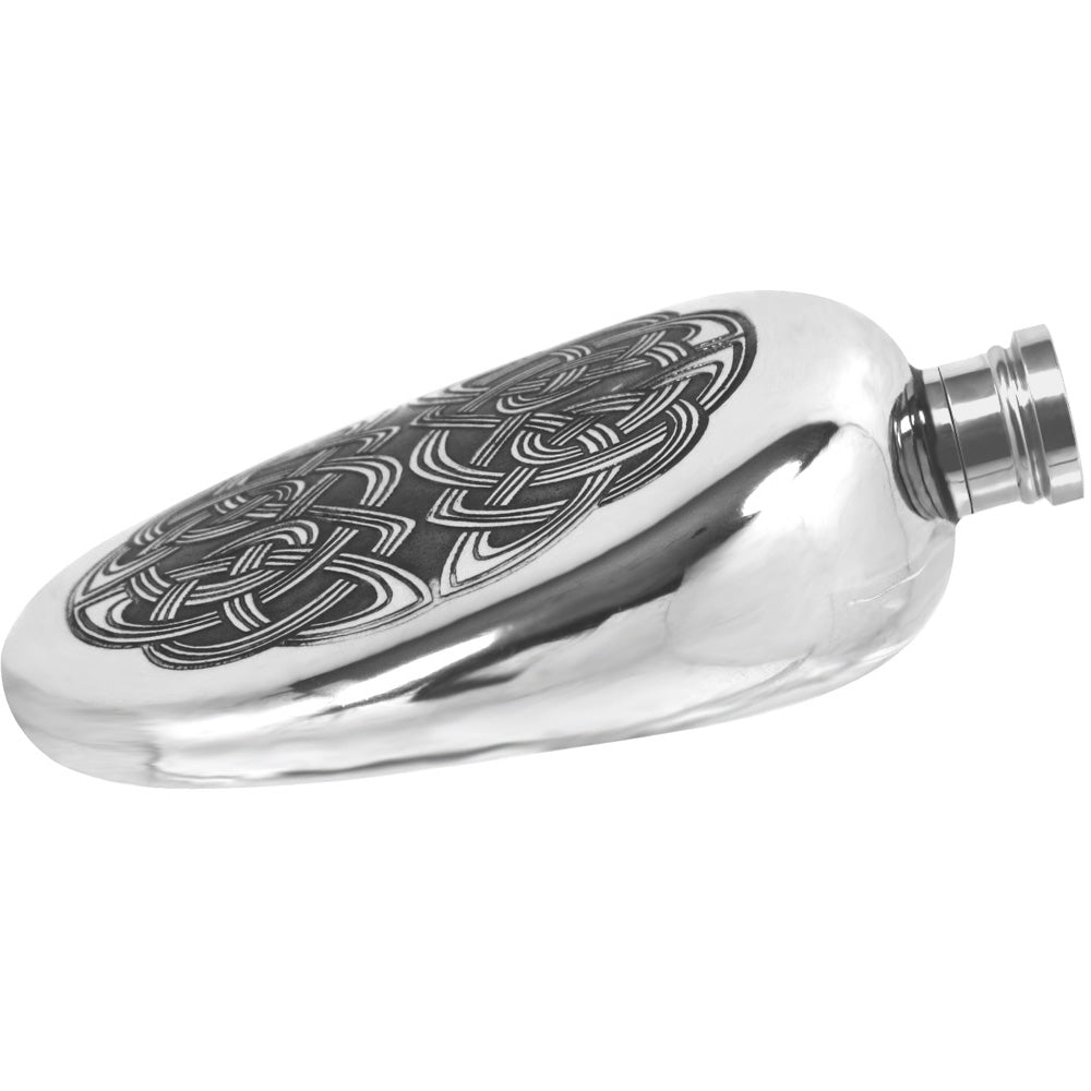 English Factory 6oz Oval Sporran Pewter Hip Flask With Intricate Celtic Design