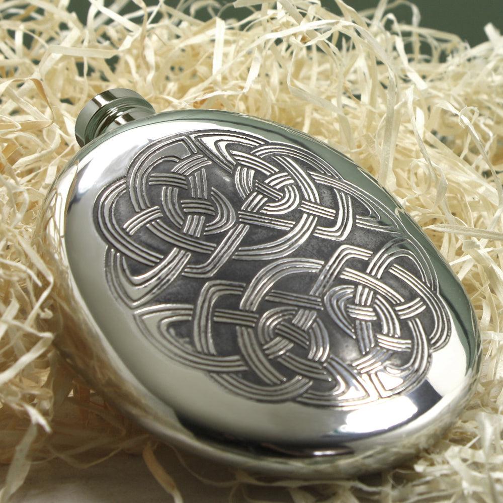 English Factory 6oz Oval Sporran Pewter Hip Flask With Intricate Celtic Design