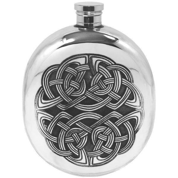 english factory 6oz Oval Sporran Pewter Hip Flask with Intricate Celtic Design