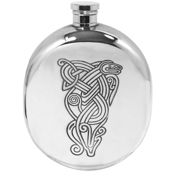english factory 6oz Oval Sporran Pewter Hip Flask with Intricate Celtic Serpent Design