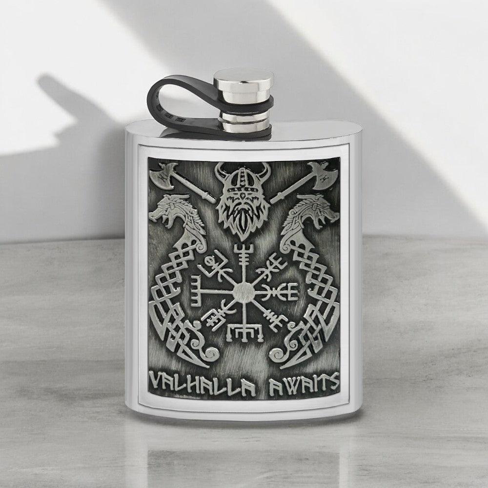 English Factory 6oz Pewter Flask With Embossed Viking Valhalla Design And Flexi Cap