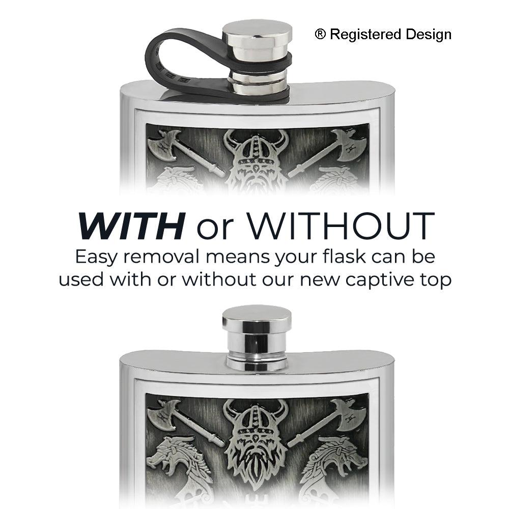 English Factory 6oz Pewter Flask With Embossed Viking Valhalla Design And Flexi Cap