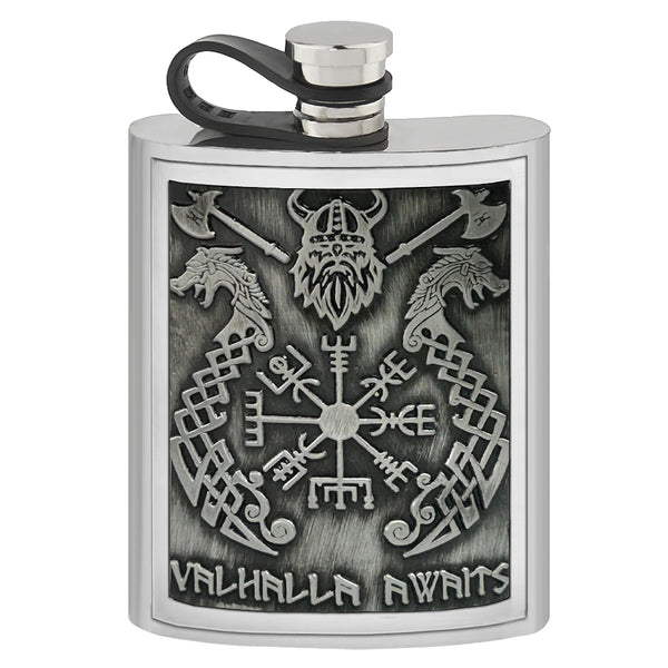 english factory 6oz Pewter Flask with Embossed Viking Valhalla Design and Flexi Cap