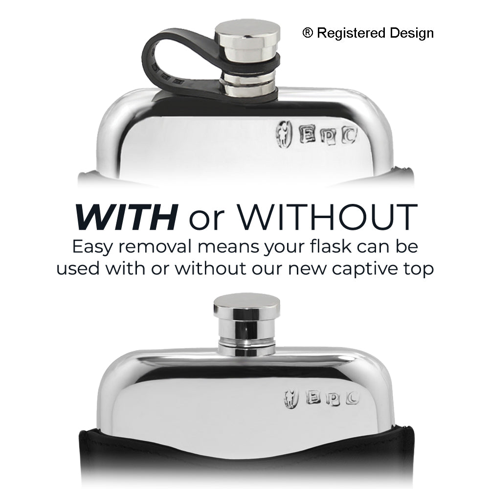 English Factory 6oz Pewter Hip Flask & Black Leather Pouch With Flexi Cap