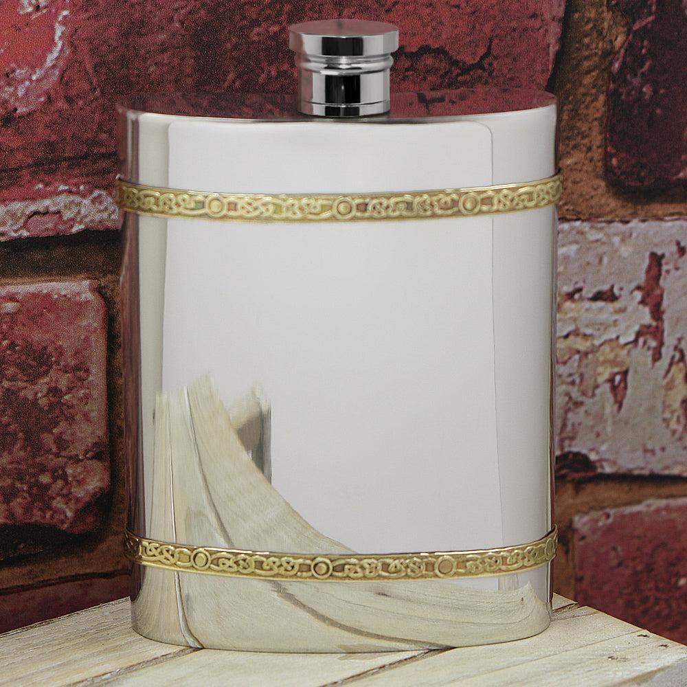 English Factory 6oz Pewter Hip Flask With Brass Celtic Knot Bands