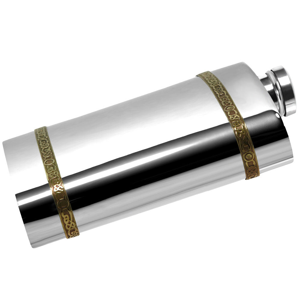 English Factory 6oz Pewter Hip Flask With Brass Celtic Knot Bands